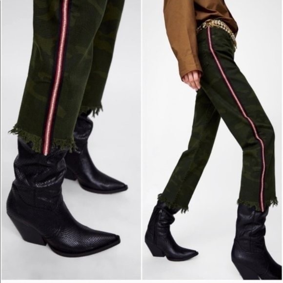 Zara Woman Cropped Straight Jeans Camouflage Raw Frayed Hem Side Striped 4 - Picture 3 of 5